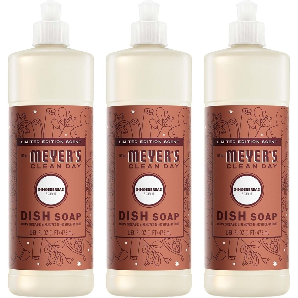 3-Pack Mrs. MEYER'S CLEAN DAY Liquid Dish Soap Gingerbread Scent 16 oz Bottle